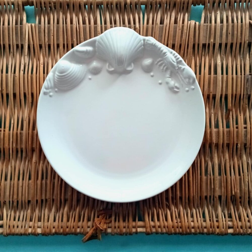 (Set - 4) Shell Lobster Sculpted White Ceramic Plates, Vintage Japan